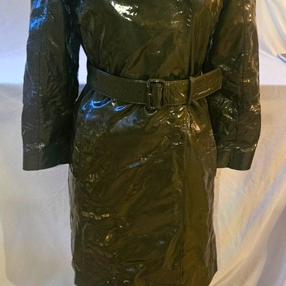 PRADA Italy Rare Women's Olive Green Genuine Patent Leather Coat w Belt Sz 38/S - Picture 4 of 16